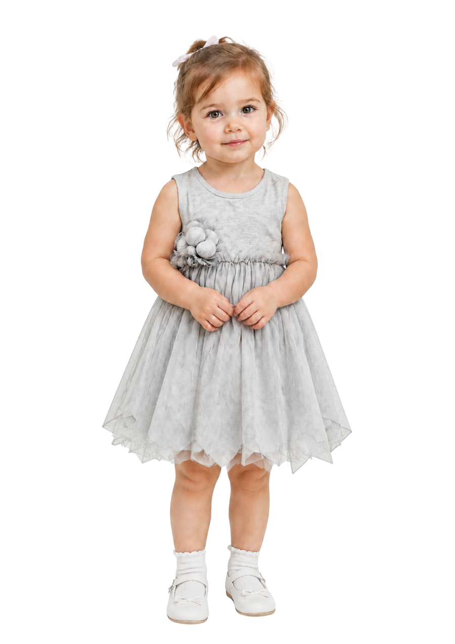 Classic Grey Tulle Flower Accent Occasion Dress | 1 - 2 years Toddler