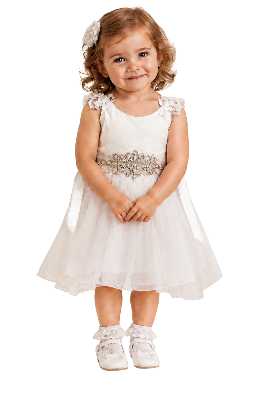 Enchanted White Tulle Flower Girl Diamante Dress | 1 - 2 years Toddler